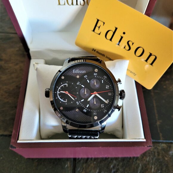 Edison Men's Oversized Dual Time Zone Black Leather Watch - Picture 4 of 6